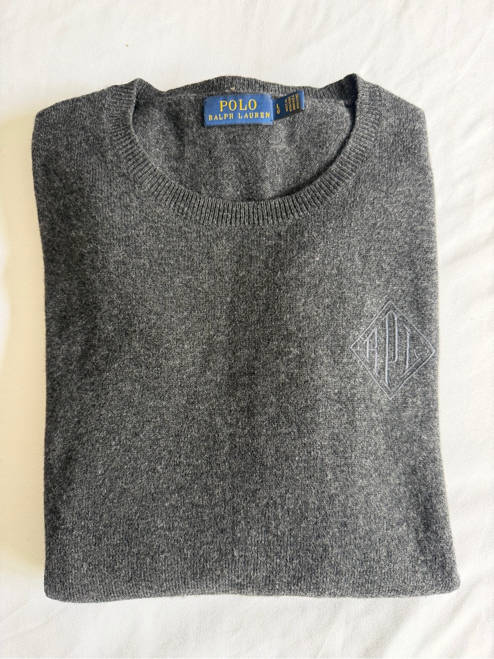 Polo Ralph Lauren 90 Wool 10 Cashmere Charcoal Gray RPL Monogram Chest Sweater